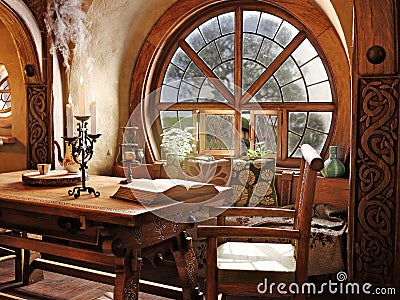 Fantasy tiny storybook style home interior cottage with rustic accents and a large round cozy window. Editorial Stock Photo