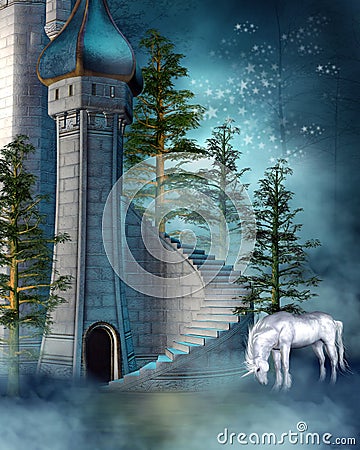 Fantasy tower with a unicorn Stock Photo