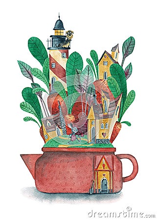 Fantasy town. Watercolor. Cartoon Illustration