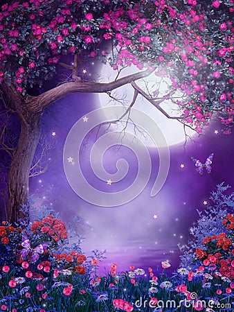 Fantasy tree with flowers Stock Photo