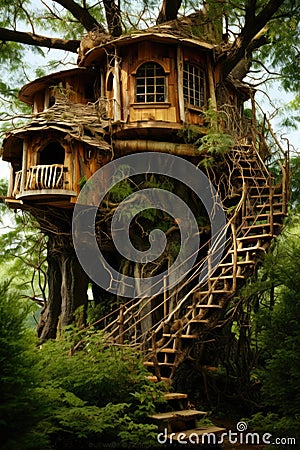 Fantasy tree house. Fairytale fantasy landscape, tree house Stock Photo