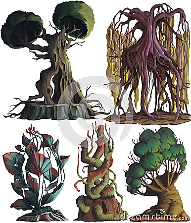 Fantasy trees and plants set. Concept design digital art. Isolated on white background. Cartoon Illustration