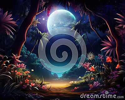 Fantasy tropical forest at night has a mystery light. Cartoon Illustration