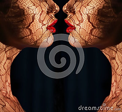 Fantasy. Two Women's Faces with Tracery Opposite each other. Reflexion Stock Photo