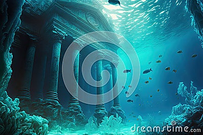 Fantasy underwater seascape with lost city. Generative AI Stock Photo