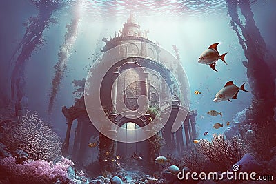 Fantasy underwater seascape with lost city temple ruins. Generative AI Stock Photo