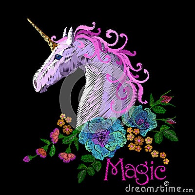 Fantasy unicorn embroidery patch sticker. Pink violet mane horse flower arrange poppy rose ornament. Cartoon badge magic Vector Illustration