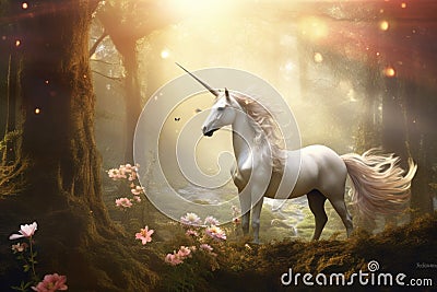 Fantasy unicorn in enchanted forest. Digital art with magical wildlife theme Cartoon Illustration