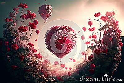 Fantasy valentine`s day landscape with dreamy floral balloons and red flower field. Surreal valentine nature Stock Photo