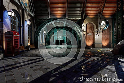 Fantasy Victorian Train Station Panorama Background Stock Photo