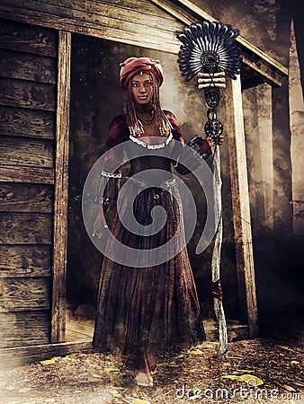 Voodoo witch with a staff Stock Photo