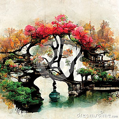 Fantasy wall art of oriental autumn garden with beautiful colorful trees and a pond Stock Photo