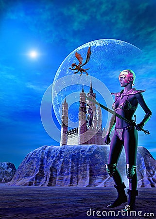 Fantasy Warrior girl armed with sword, Mountain with fortress, a big Moon and a dragon in the sky Stock Photo