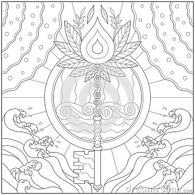 Fantasy water key, adult and kid coloring page in stylish vector illustration Vector Illustration