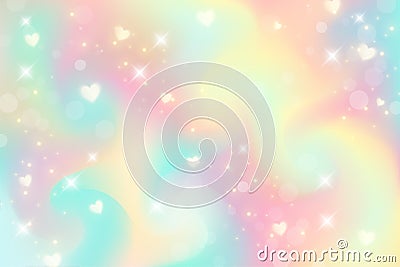 Fantasy watercolor illustration with rainbow pastel sky with stars and hearts. Abstract unicorn cosmic backdrop. Cartoon Vector Illustration