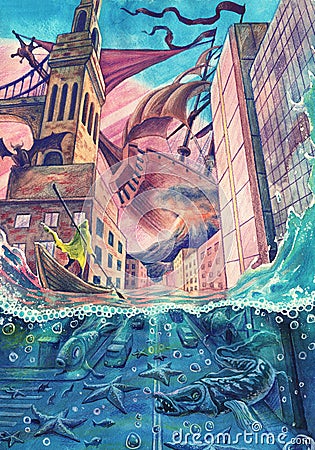 Fantasy watercolor urban landscape painting with natural disaster, flood illustration art, calamity with water in town, building Cartoon Illustration