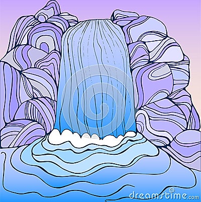 Fantasy waterfall color page. Vector Illustration