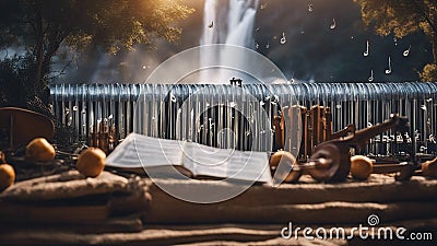 Fantasy waterfall of music, with a landscape of musical instruments and notes, with a Dry Nur waterfall Stock Photo