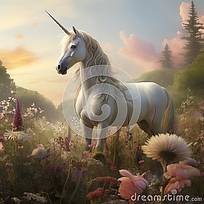 Fantasy white unicorn grassy field meadow flowers Stock Photo