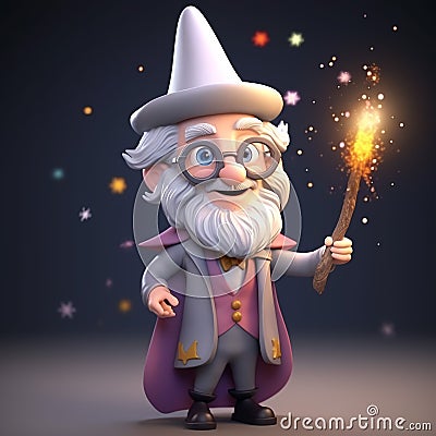 Fantasy wizard or bearded magician cartoon character in magic hat and robe creates magic or conjures. Stock Photo