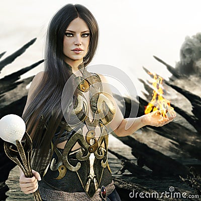 Fantasy wizard female with flames coming from her hands and a mythical skull island in the background. Stock Photo