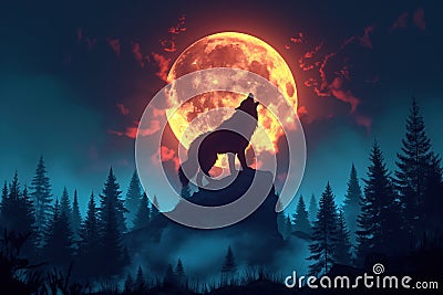 fantasy wolf werewolf howls at full moon on top of mountain in the forest at night Stock Photo