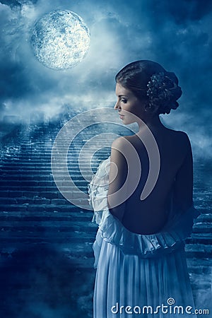 Fantasy Woman Back Rear View Portrait in Moon light, Fairy Mystic Girl in Night Stock Photo