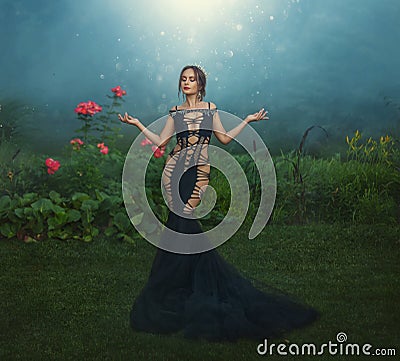 Fantasy woman dark queen stands, hands raised to night sky, prays eyes closed. Divine magical moon light. Sexy black Stock Photo