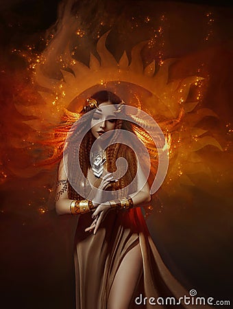 Fantasy woman goddess in a gold dress, a crown on head. Girl queen in the image of the burning sun of the universe Stock Photo