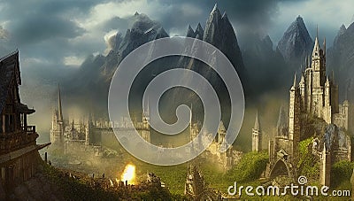 Fantasy world. A city with beautiful houses, towers and castles in cloudy weather. High mountains and cloudy sky. Stock Photo