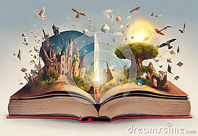 Fantasy world inside of the book. Concept of education imagination and creativity from reading books. - 9 Stock Photo