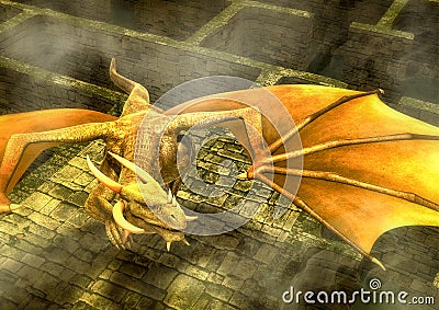 Fantasy yellow dragon flying in a maze. Stock Photo