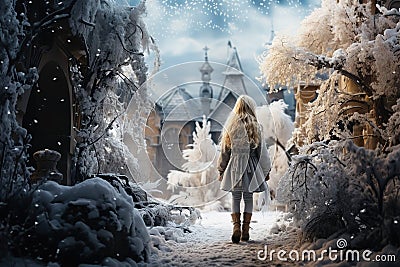 Fantasy. A young girl at the entrance to a mysterious palace in winter Stock Photo