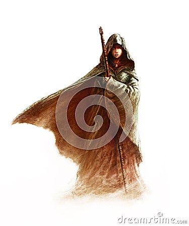 Fantasy young witch - beautiful woman with cloak and hood holding a magic staff Stock Photo