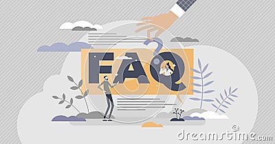 FAQ as frequently asked questions with solution answers tiny person concept Vector Illustration