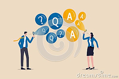 FAQ, frequently asked questions, discussion or questions and answers to get solution on any problems concept, smart businessman Stock Photo