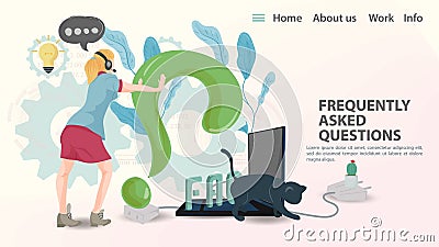 FAQ Vector Illustration Landing Page Template for a web page or app A girl pushes a question mark into a laptop Vector Illustration