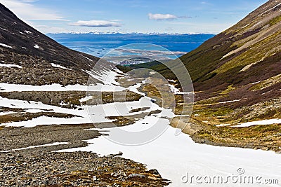 Far distance view on Ushuaia and Beagle channel Stock Photo