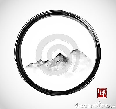 Far mountains in fog in black enso zen circle. Traditional oriental ink painting sumi-e, u-sin, go-hua. Hieroglyph - zen Vector Illustration