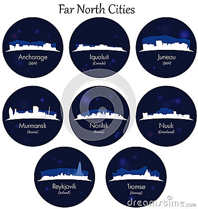Far north cities collection. Blue Circular icons Vector Illustration