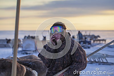 Far North, Yamal Peninsula, Reindeer Herder`s Day, local residents in national clothes of Nenets Stock Photo