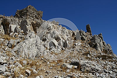 Faraklou castle ruins in Rhodes island Stock Photo