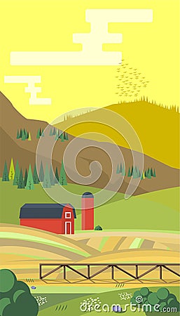 Farm with mountes, country landscape, trendy flat style design template. illustration. Vector Illustration