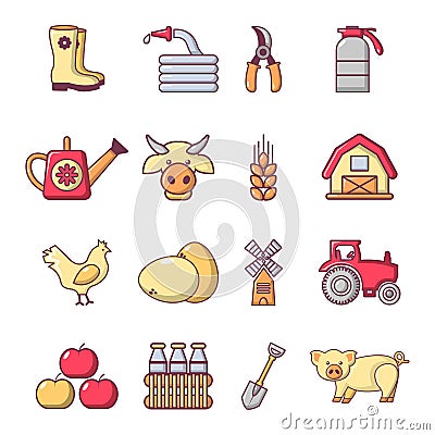 Farm agricultural icons set, cartoon style Vector Illustration