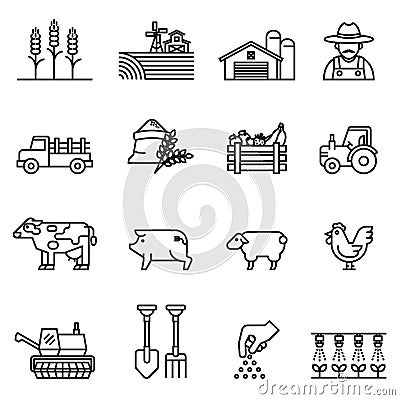 Farm and Agriculture line icon set. Farmers, Plantation, Gardening, Animals, Objects, Harvester trucks, Trac Vector Illustration