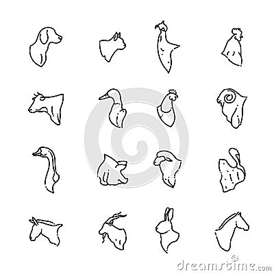 Farm animal and birds heads vector thin line flat icons Vector Illustration