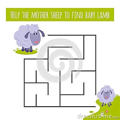 Farm animal educational maze game. Labyrinth page for children`s magazine, leisure activity task. Vector Illustration