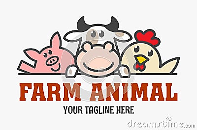 Farm animal funny logo. Compound feed sign. Chicken, cow and pig icon. Meat delivery logo Vector Illustration