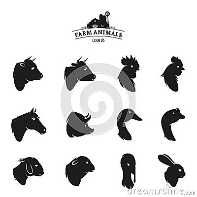 Farm Animal Icons Isolated on White Vector Illustration