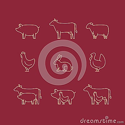 Farm animal outline icon set. Pig, cow, lamb, chicken, turkey, r Vector Illustration